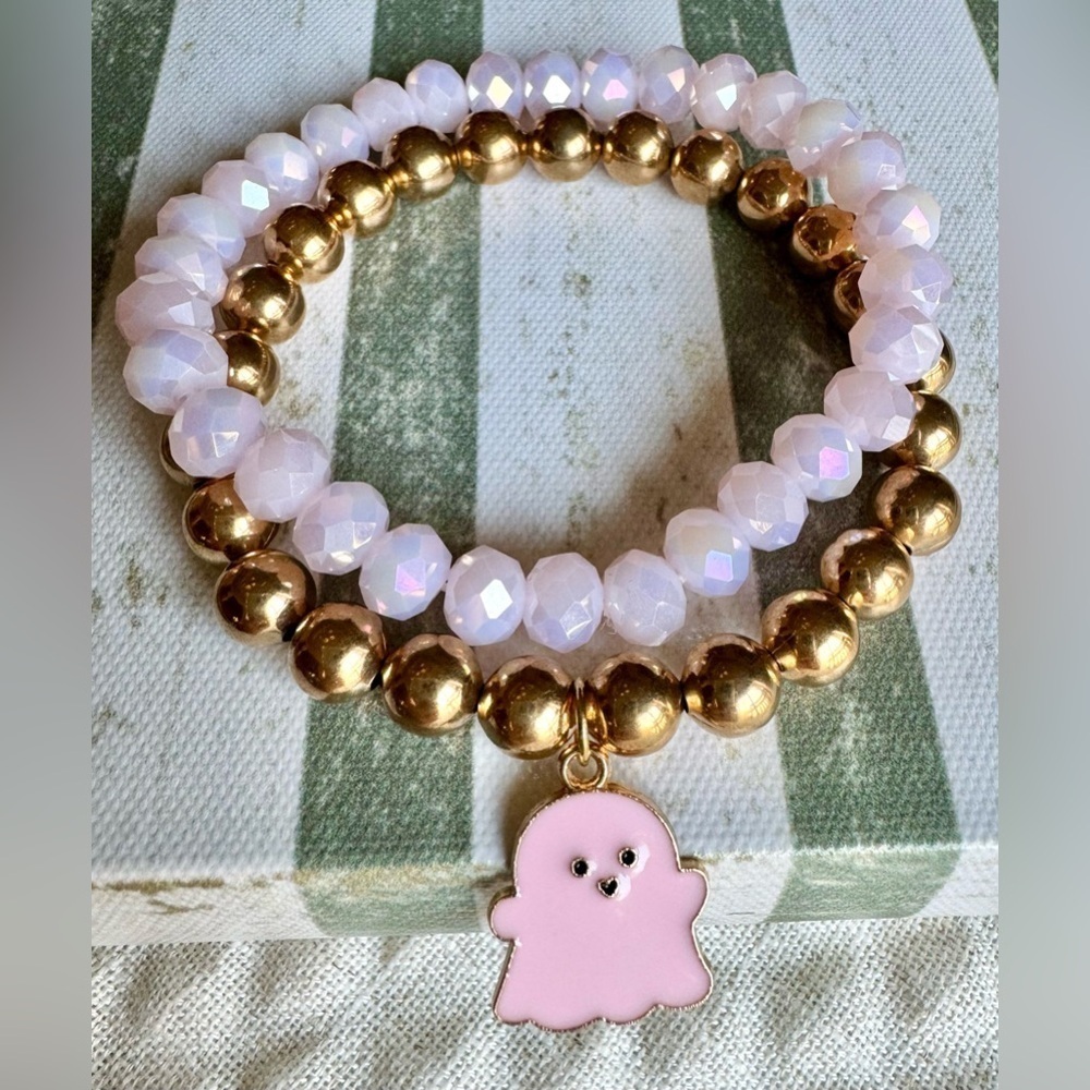 New Halloween Pink & Gold Tone Adult Size Bracelets w/ Ghost Charm 8”